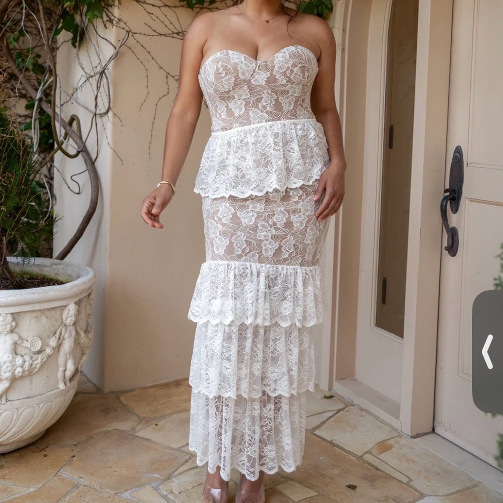 JLUXLABEL White Lace Strapless Maxi Dress